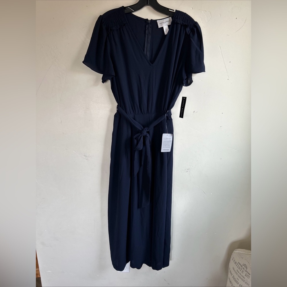 NEW Donna Morgan Crepe jumpsuit 10 wide leg cropped V-neck tie lightweight blue - Picture 4 of 15